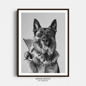 Duitse herder met een cocktail muurkunst, zwart-wit print, hond cadeau, martini alcohol print, grappige hond poster, bar kar decor