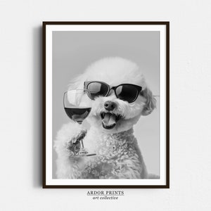 Bichon Frise Trzymający Wino Sztuka Ścienna, Czarno-Biały Wydruk, Bichon Prezent, Wydruk Alkoholowy, Sztuka Wózka Barowego, Zabawny Plakat Z Psem, Dekoracja Ścienna Kuchni