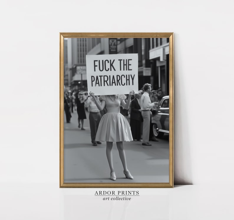 Feministyczny plakat retro: Pieprzyć patriarchat, plakat protestacyjny z kobietami w stylu vintage, siła dziewczyn, plakat z feminizmem – czarno-biała sztuka ścienna zdjęcie 6