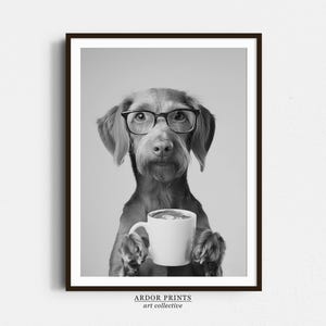 Wirehaired Vizsla Drinking Coffee Wall Art, Black and White Print, Coffee Lover Print, Vizsla Gift, Funny Dog Poster, Kitchen Wall Decor
