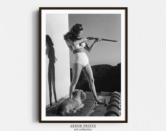 Woman With Dog Aims Rifle Wall Art | Black and White Print | Vintage Dona Drake Poster | Old Hollywood Photo | Funny Retro Wall Decor