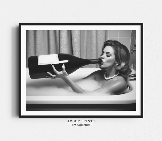 Woman in Bathtub Wine Print: Retro Bathroom Wall Art (Digital Download)