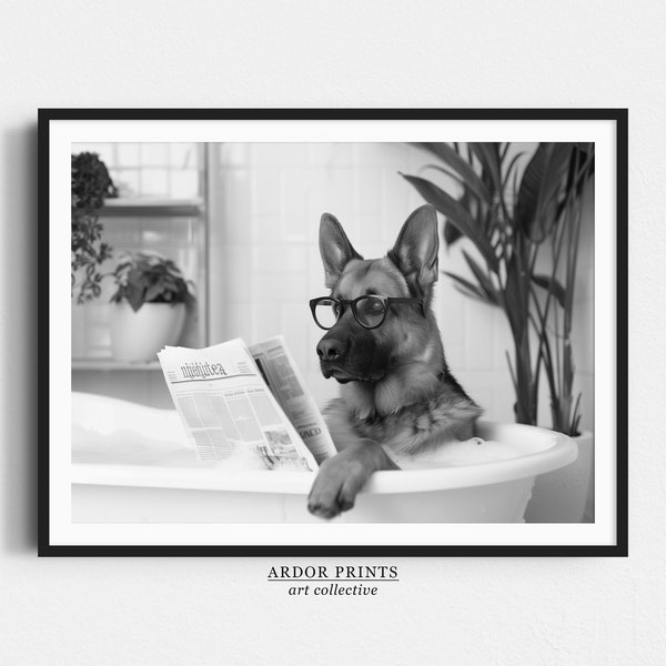 German Shepherd in Bathtub Wall Art, Dog Reading Newspaper in Bubble Bath Poster, Black and White Print, Funny Wall Art, Bathroom Wall Decor