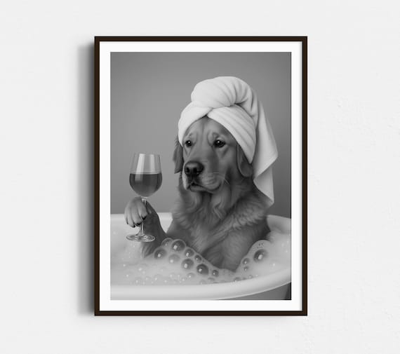 Golden Retriever Spa & Wine Print: Quirky Bathroom Art (Digital Download
