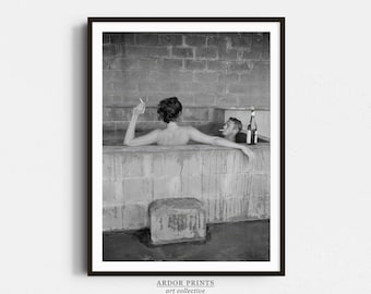 Couple fumant et buvant du vin dans la baignoire, art mural, Steve McQueen et Neile Adams, impression noir et blanc, Old Hollywood, décoration murale rétro