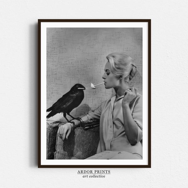Crow Lights Woman's Cigarette, Black and White Print, Woman Smoking, Old Hollywood Photo, The Birds 1963, Vintage Wall Art, Retro Wall Decor