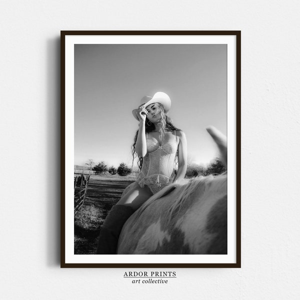 Cowgirl Wearing Lingerie Riding Horse Print, Bikini Woman Wearing Cowboy Hat Wall Art, Black and White Art, Sexy Farmhouse Decor