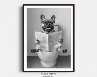 French Bulldog Sitting On Toilet Wall Art, Frenchie Dog Reading Newspaper, Black and White Print, Funny Dog Poster, Bathroom Wall Decor