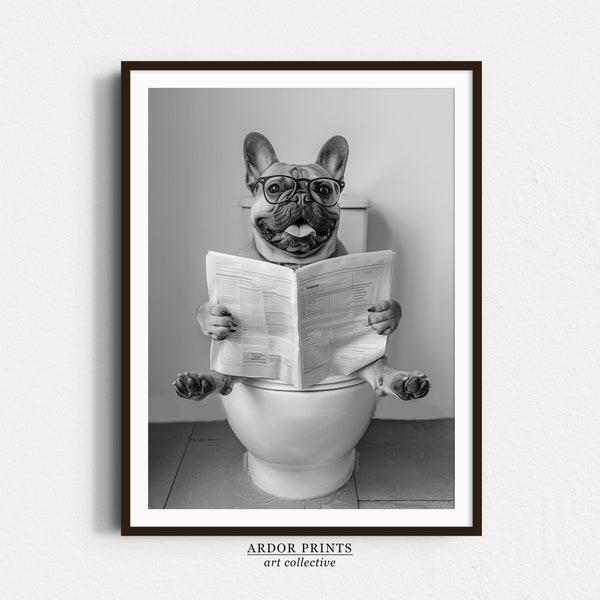 French Bulldog Sitting On Toilet Wall Art, Frenchie Dog Reading Newspaper, Black and White Print, Funny Dog Poster, Bathroom Wall Decor