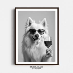 サモエドがワインを飲むウォールアート、白黒プリント、サモエドギフト、アルコールプリント、バーカートアート、面白い犬のポスター、キッチンの壁装飾