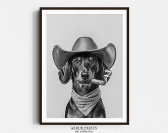 Dachshund Cowboy Print: Western Dog Art, Vintage Wiener Dog Poster, Trendy Retro Decor - Black and White Wall Art