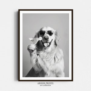 カクテルを持つゴールデンレトリバーの壁アート、白黒プリント、犬用ギフト、マティーニアルコールプリント、面白い犬のポスター、バーカートの装飾