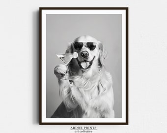 Golden Retriever Holding A Cocktail Wall Art, Black and White Print, Dog Gift, Martini Alcohol Print, Funny Dog Poster, Bar Cart Decor