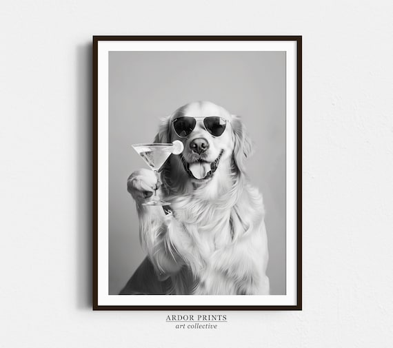 Golden Retriever Holding A Cocktail Wall Art Black and White Print Dog Gift Martini Alcohol Print Funny Dog Poster Bar Cart Decor Etsy UK
