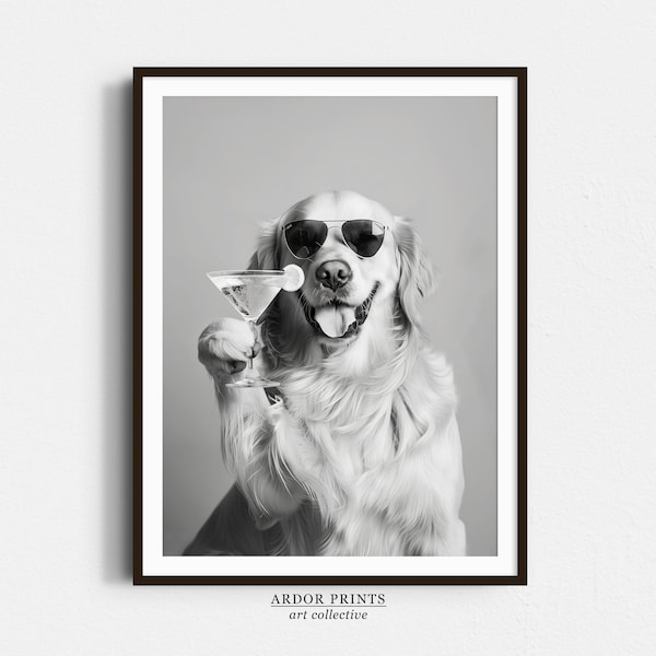 Golden Retriever Holding A Cocktail Wall Art, Black and White Print, Dog Gift, Martini Alcohol Print, Funny Dog Poster, Bar Cart Decor