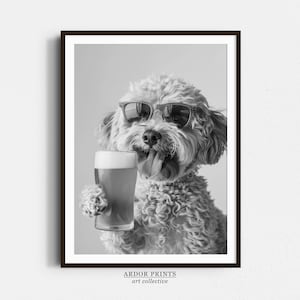 コッカプーがビールを飲むウォールアート、白黒プリント、犬用ギフト、ビールアルコールプリント、面白い犬のポスター、バーカートの装飾、キッチンの壁の装飾