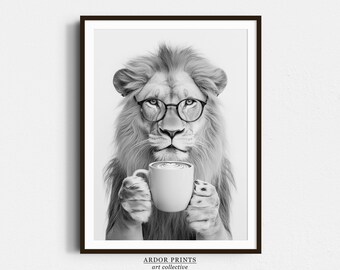 Lion Drinking Coffee Print: Coffee Bar Decor, Funny Poster, Trendy