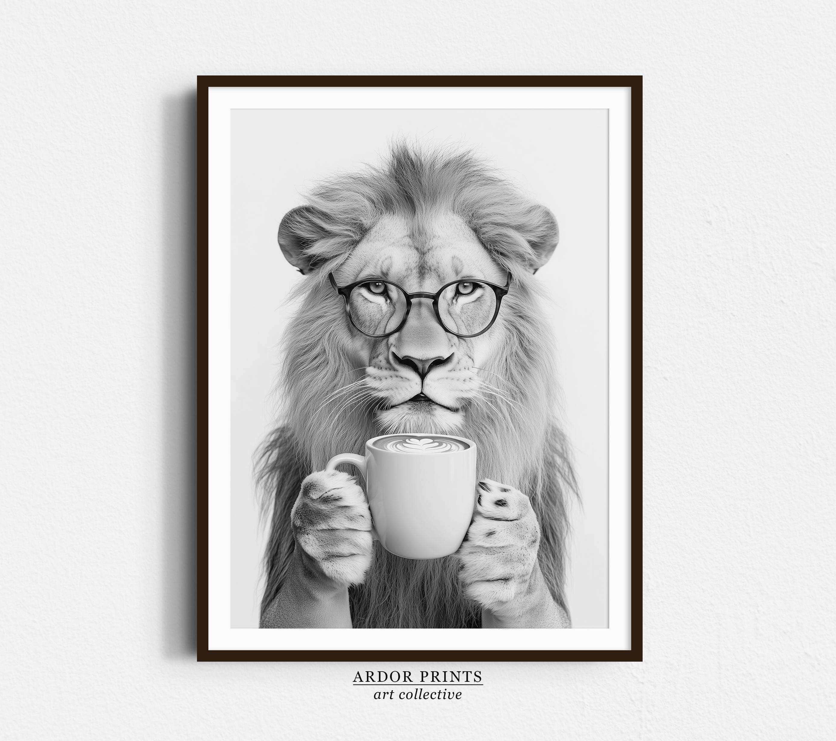 Lion Drinking Coffee Print: Coffee Bar Decor, Funny Poster, Trendy