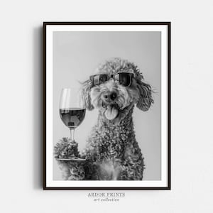Labradoodle en wijn kunst aan de muur, zwart-wit print, Labradoodle cadeau, alcohol print, grappige hond poster, bar kar print, keuken muur decor
