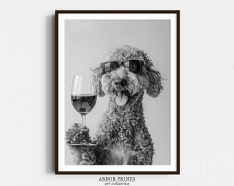 Labradoodle Drinking Wine Print: Bar Cart Print, Funny Dog Poster, Trendy Kitchen Decor - Black & White Wall Art