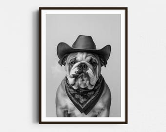 English Bulldog Cowboy Print: Western Dog Art, Vintage Dog Poster, Trendy Retro Decor - Black and White Wall Art