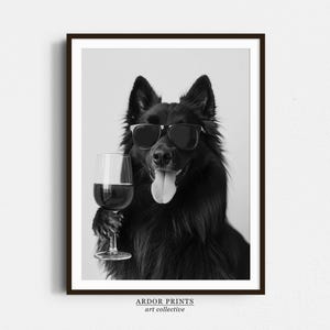 ワインを飲むベルギーの牧羊犬ウォールアート、白黒プリント、バーカートプリント、犬の飼い主へのギフト、面白いポスター、バーの装飾、キッチンの壁の装飾