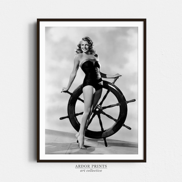 Art mural Captains Wheel Rita Hayworth, affiche de fille nautique, impression noir et blanc, photo vintage, art ancien d'Hollywood, décoration murale rétro