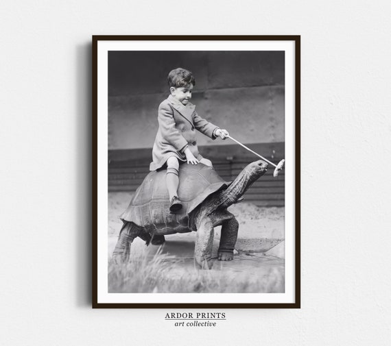 Boy Riding Pet Tortoise Print: Black and White Vintage Photo (Digital Download)