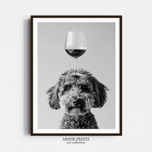 Schnoodle Balancing Wine On Head Wall Art, Black and White Print, Wine Glass Art, Alcohol Print, Funny Dog Poster, Kitchen Wall Decor