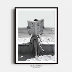 Woman Reading Newspaper Beach Print: Retro Black and White Photography (Digital Download)