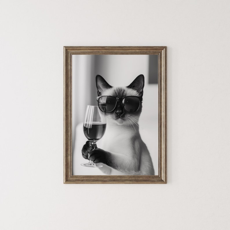 Siamese Cat Drinking Wine Wall Art, Black and White Print, Bar Cart