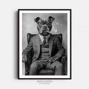 スタッフォードシャーブルテリアの喫煙ウォールアート、白黒プリント、スタッフォードシャーブルテリア、ビンテージ犬ポスター、ペットアート、男の隠れ家ポスター、オフィスの壁装飾