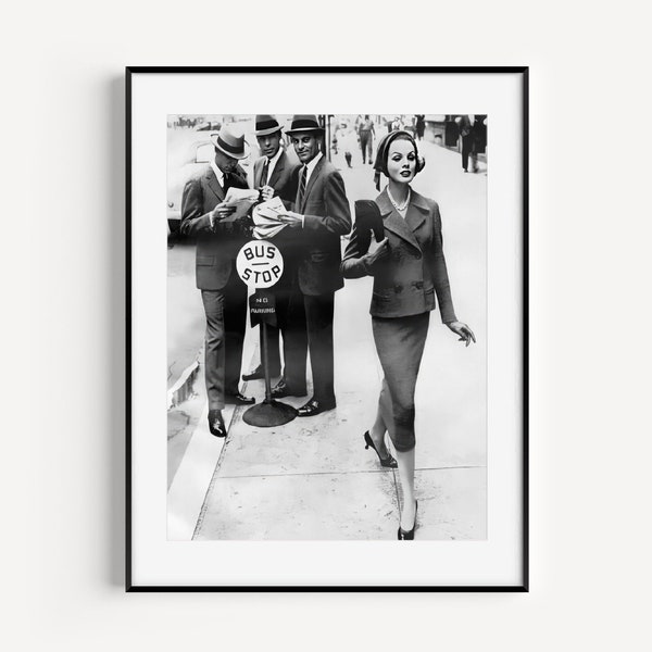 Fashionable Woman 1950s Wall Art, Woman Walking Down Street, Black and White Print, Vintage Photo, Feminist Poster, Fashion Wall Decor