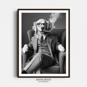 Golden Retriever Smoking Wall Art, Czarno-biały wydruk, Prezent dla właściciela psa, Plakat z psem w stylu vintage, Sztuka dla zwierząt, Plakat z jaskinią człowieka, Dekoracja ścienna biura