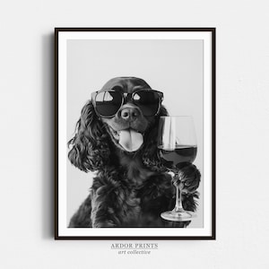 チョコレート コッカー スパニエルとワインのウォール アート、白黒プリント、バー カート プリント、犬のギフト、面白い犬のポスター、バーの装飾、キッチンの装飾