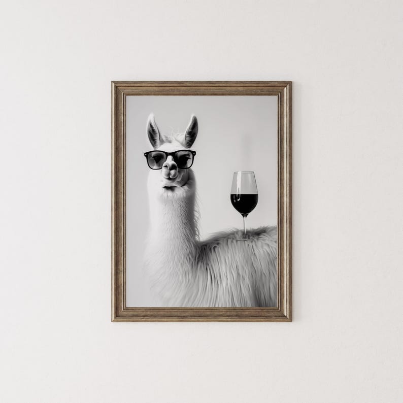 Llama and Red Wine Wall Art, Black and White Print, Llama Poster