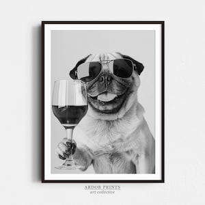 ワインを持ったパグのウォールアート、白黒プリント、パグのギフト、アルコールプリント、面白い犬のポスター、バーカートプリント、キッチンの壁装飾