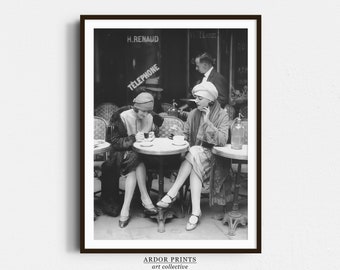 French Women Drinking Coffee At Cafe Wall Art, Vintage Paris 1920s, Retro Women Fashion, Black and White Print, Old Photo, Retro Wall Decor