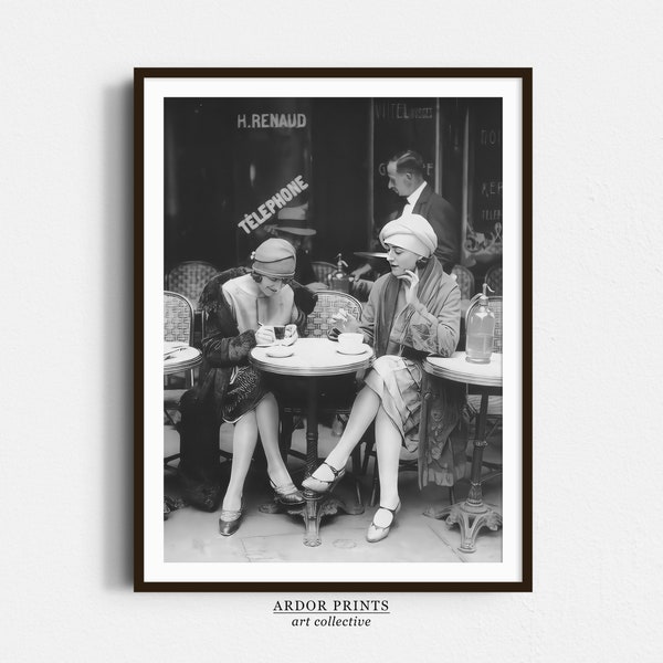 French Women Drinking Coffee At Cafe Wall Art, Vintage Paris 1920s, Retro Women Fashion, Black and White Print, Old Photo, Retro Wall Decor