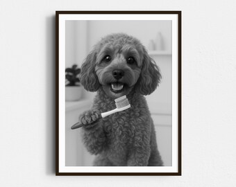 Cavapoo Dog Brushing Teeth Print: Funny Bathroom Wall Art (Digital Download)