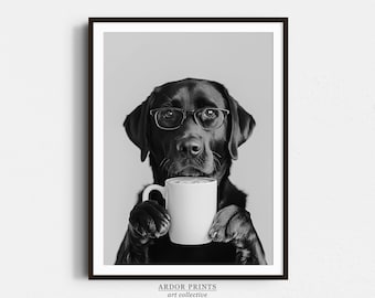 Black Labrador Drinking Coffee Wall Art: Coffee Lover Print, Black Lab Gift, Funny Dog Poster, Kitchen Wall Decor - Black & White Print