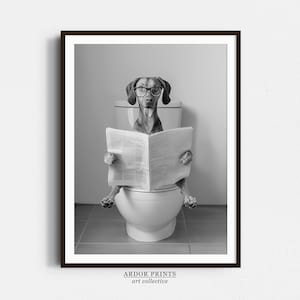 Vizsla Reading Newspaper In Toilet Print, Black and White Art, Vizsla Gift, Funny Dog Poster, Dog Sitting On Toilet, Bathroom Wall Art