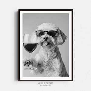 Maltipoo Wein trinken Wand Kunst, Schwarz Weiß Druck, Maltipoo Bar Warenkorb Druck, Hund Geschenk, Lustiger Hund Poster, Bar Dekor, Küche Dekor