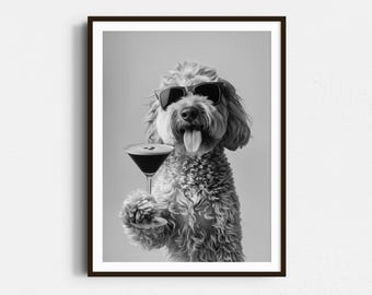 Goldendoodle & Espresso Martini Print: Funny Cocktail Dog Poster, Doodle Bar Cart Print, Black and White Kitchen Wall Art