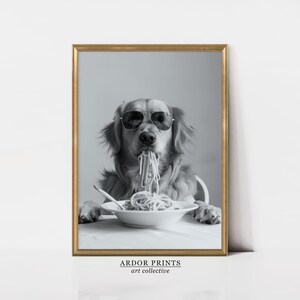 Golden Retriever Eating Pasta Wall Art: Funny Spaghetti Dog Print, Black & White Kitchen Decor, Retro Dog Poster image 6