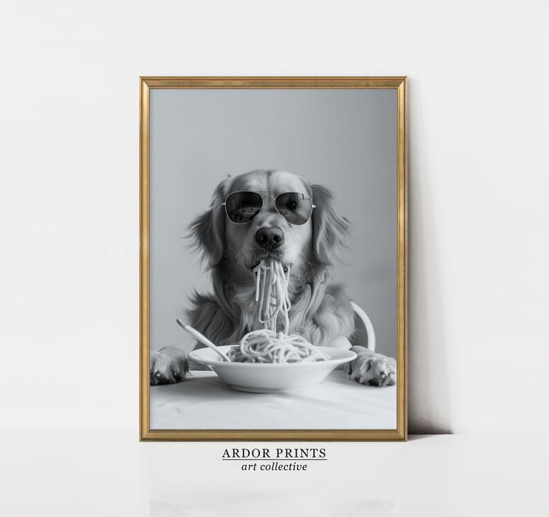 Golden Retriever Eating Pasta Wall Art: Funny Spaghetti Dog Print, Black & White Kitchen Decor, Retro Dog Poster image 6