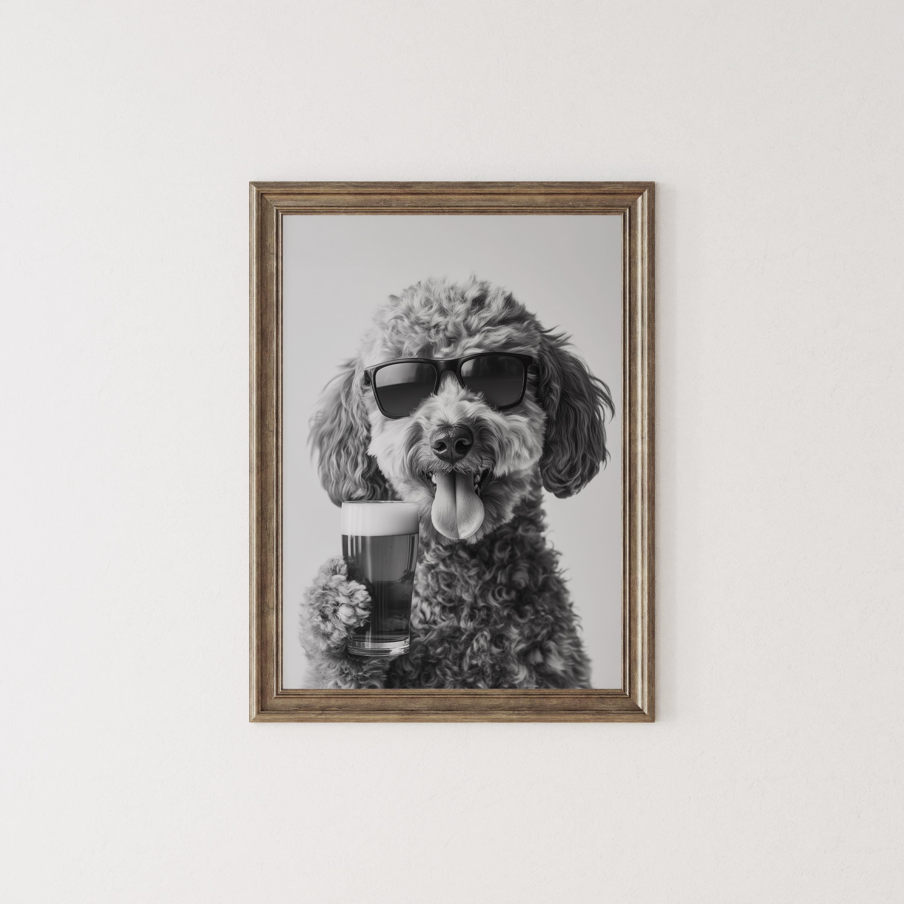 Goldendoodle Drinking Beer Pint: Funny Doodle Dog Print, Bar Cart
