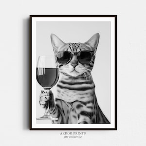 ベンガル猫がワインを飲むウォールアート、白黒プリント、バーカートプリント、猫の飼い主へのギフト、面白い猫のポスター、バーの装飾、キッチンの装飾