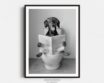 Funny Dachshund Toilet Print: Black and White Dog Art (Digital Download)
