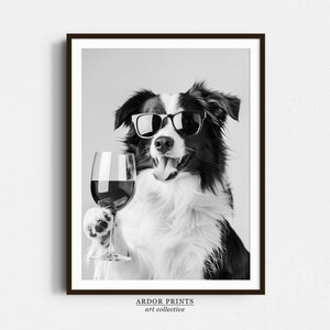 赤ワインを持ったボーダーコリーのウォールアート、白黒プリント、犬のギフト、アルコールプリント、面白いポスター、バーカートプリント、キッチンの壁装飾